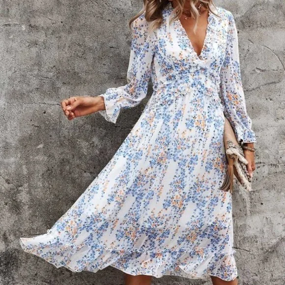 Floral Ditsy Ruffle Hem Dress white blue Shabby Chic Cottagecore - Picture 3 of 6